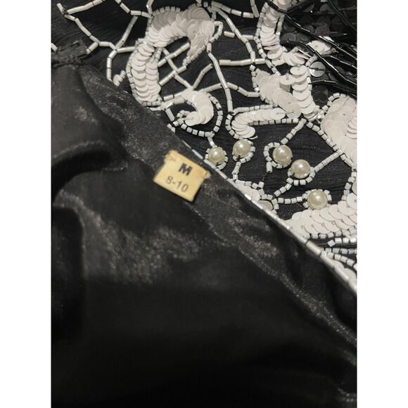 Aweelo maxi dress VTG beaded sequins fringed black white formal women 8-10 M - Picture 8 of 9